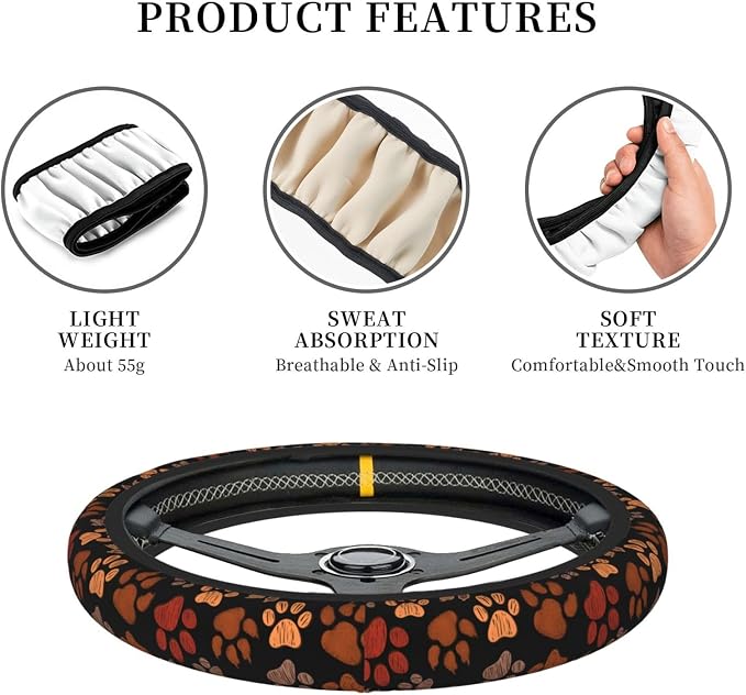 Dog Cat Paw Print Steering Wheel Cover Anti-Slip,Sweat Absorption Universal 15 inch Steering Wheel Covers Cute car Accessories for Men Women