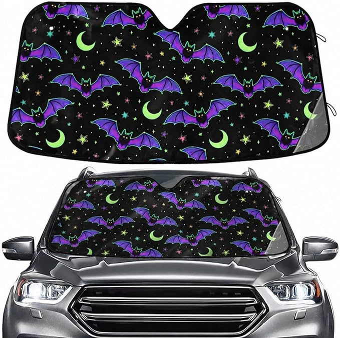 Neon Bats Moons Stars Windshield Sun Shade for Car Auto SUV Truck Foldable Front Window Sunshade Sun Visor Protector Block UV Rays Reflect Heat, 55" x 28"