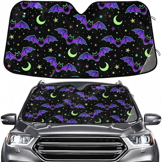 Neon Bats Moons Stars Windshield Sun Shade for Car Auto SUV Truck Foldable Front Window Sunshade Sun Visor Protector Block UV Rays Reflect Heat, 55" x 28"