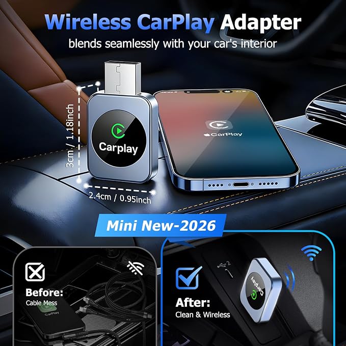 Wireless CarPlay Adapter for iPhone, 2026 Upgraded Carplay Dongle Converts Wired to Wireless, Plug & Play Auto Connect, Mini USB CarPlay Adapter, Stable No Latency Connection Compatible with iOS 10+