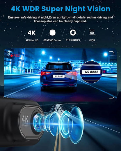 Dash Cam 4K Front, Ultra HD Dash Camera for Cars, 1.47''IPS Screen Mini Car Camera with APP Control, Built-in Wi-Fi & G-Sensor, 24H Parking Mode, Night Vision, WDR, Loop Recording, Support 256GB Max