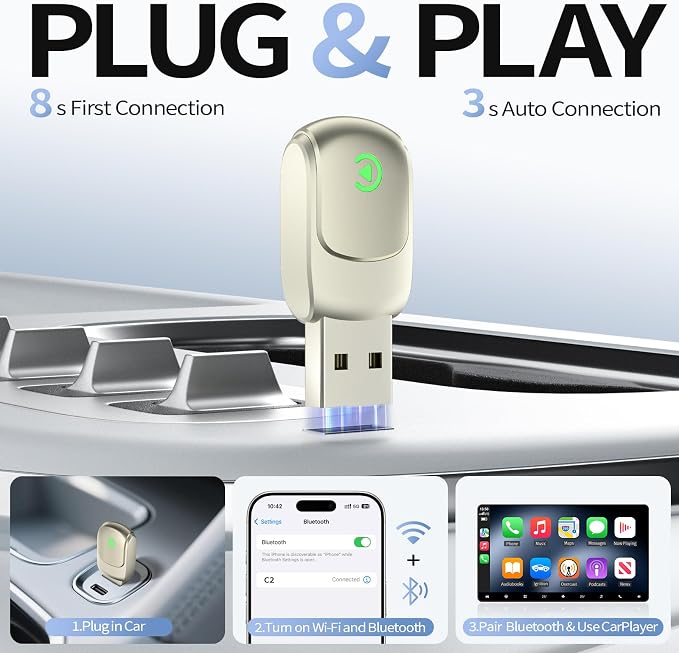 Mini Wireless CarPlay Adapter 2025 Upgrade – Dual-Band WiFi & Bluetooth 5.3, Plug & Play Car Dongle, Auto Connect, Compact Design, OTA Update, Compatible with Cars 2016+ Wired CarPlay/Android Auto