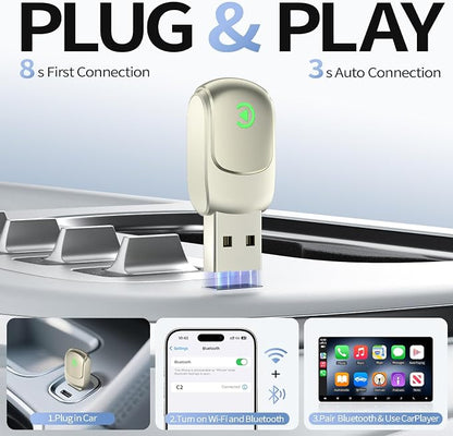 Mini Wireless CarPlay Adapter 2025 Upgrade – Dual-Band WiFi & Bluetooth 5.3, Plug & Play Car Dongle, Auto Connect, Compact Design, OTA Update, Compatible with Cars 2016+ Wired CarPlay/Android Auto