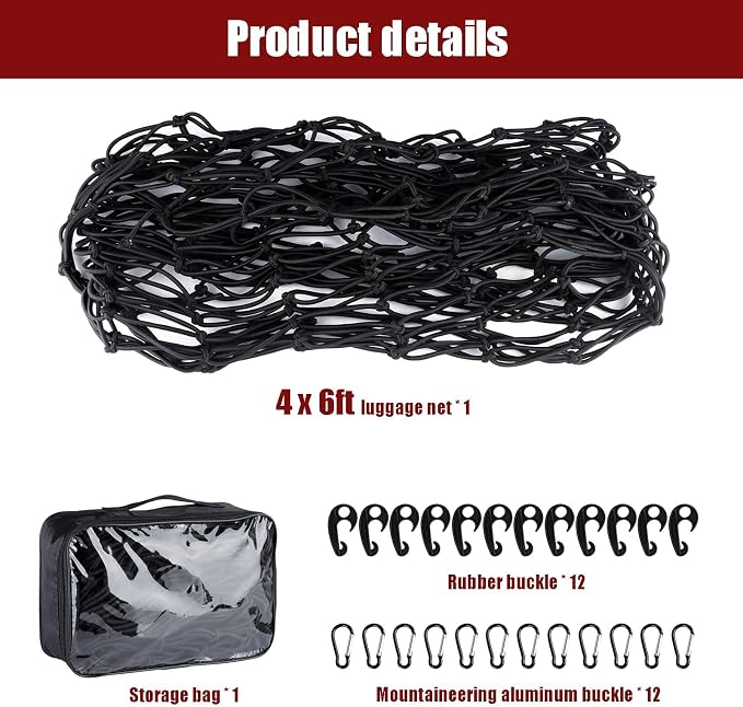 Heavy Duty Cargo Net for Pickup Truck Bed - 4' x 6' Stretches to 10' x 15' - Small 4"x4" Latex Bungee Net Mesh with 24 Clips - Compatible with Ford, Chevy, Dodge Ram, Toyota
