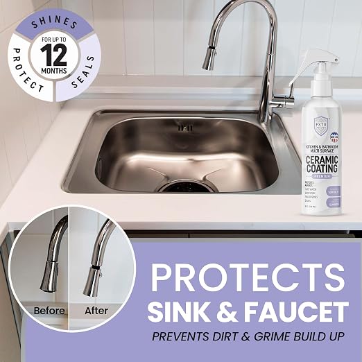 Fixture Shield Home Ceramic Coating Spray - SiO₂ Hydrophobic Protection for Kitchen & Bathrooms + Stainless Steel | Repels Fingerprints, Stains & Hard Water | Extra Strength Formula | Made in USA