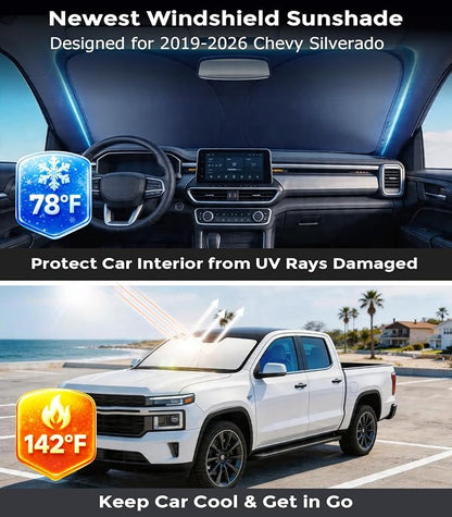 DMJN Front Windshield Sun Shade for Che-vrolet/Chevy Silverado(2019-2026),[Nano Ice-Crystal Coatings] UPF50+ Heat & UV Block, Protect Car Interior & Keep Cool, Flodable Steel-Ring Car Cover for Summer