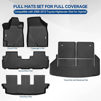 Custom Fit Floor Mats for 2008-2013 Toyota Highlander (Not for Hybrid), All Weather TPE Floor Liners with Trunk Mat & Backrest Protectors, Odorless Full Set Interior Accessories