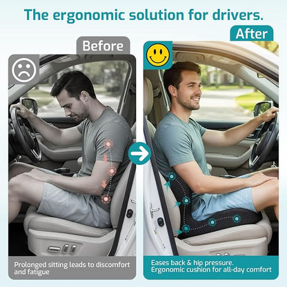 Trucker Seat Cushion, Car Seat Cushions with Lumbar Support Pillow, Ergonomic L-Shaped Orthopedic Memory Foam Pad for Long Driving Back Pain Sciatica Relief, Drivers Office Workers (Black+Mesh Cloth)