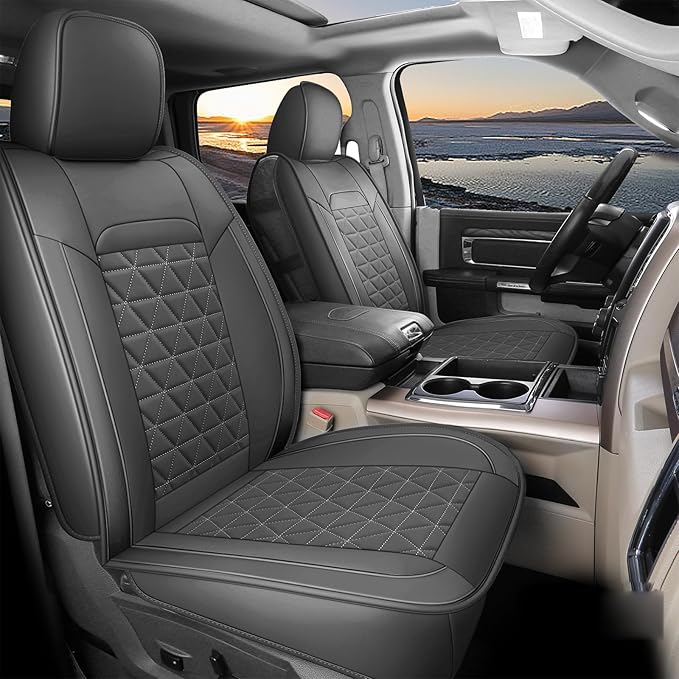 Coverado Dodge Ram Seat Cover Full Set, Waterproof Ram 1500 Seat Cover Compatible with 2002-2026 Dodge RAM 1500 2500 3500 Crew Quad Cab with Curved Bench, Dark Gray