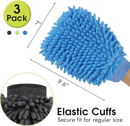 3 Pack Chenille Microfiber Car Wash Mitt, 7" x 9.6" Car Washing Mitts, Home Dusting Gloves, Scratch Free Lint-Free, Highly Absorbent, Double Sided, for Cleaning Detailing Polish (Blue,Green,Grey)