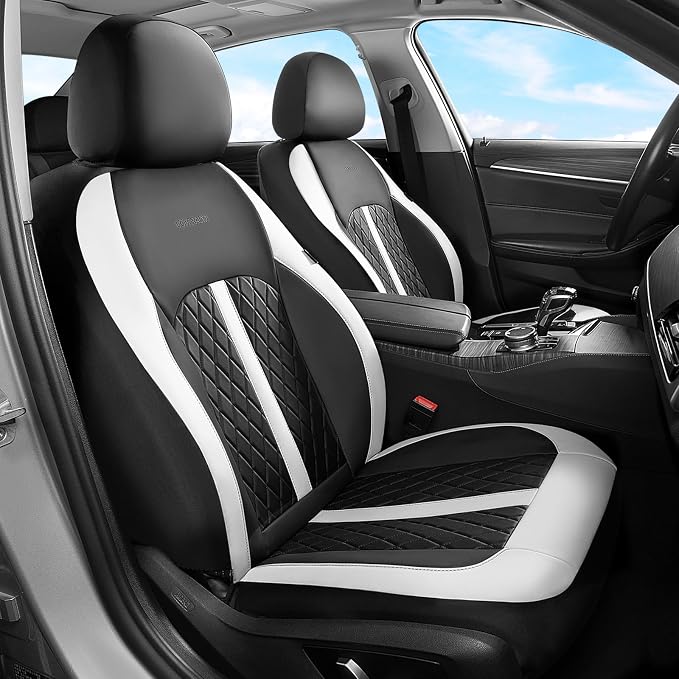 Coverado Universal Leather Seat Covers Full Set for 5 Seats – Waterproof, Durable All-Weather Protector for SUV, Pickup Truck, Sedan, White&Black