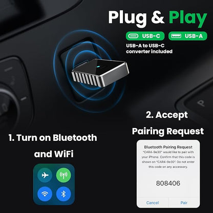 Wireless Apple CarPlay for iPhone & Android Auto Adapter for Android | 2-in-1 | Instantly Converts Wired to Wireless | Plug & Play | No Latency | Mini Size | USB Type-A & USB-C Extension