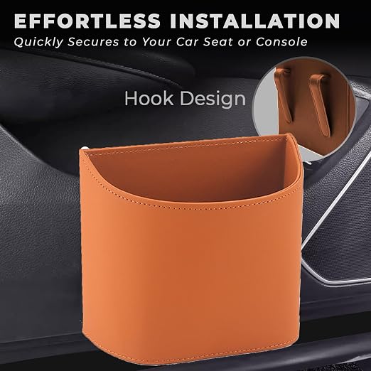 COZILO Leather Car Trash Can – Leakproof & Easy-to-Clean Car Trash Bin for Luxury Cars, SUVs & Trucks | Includes 60 Custom Liners, Secure Hook, Easy Install, Brown
