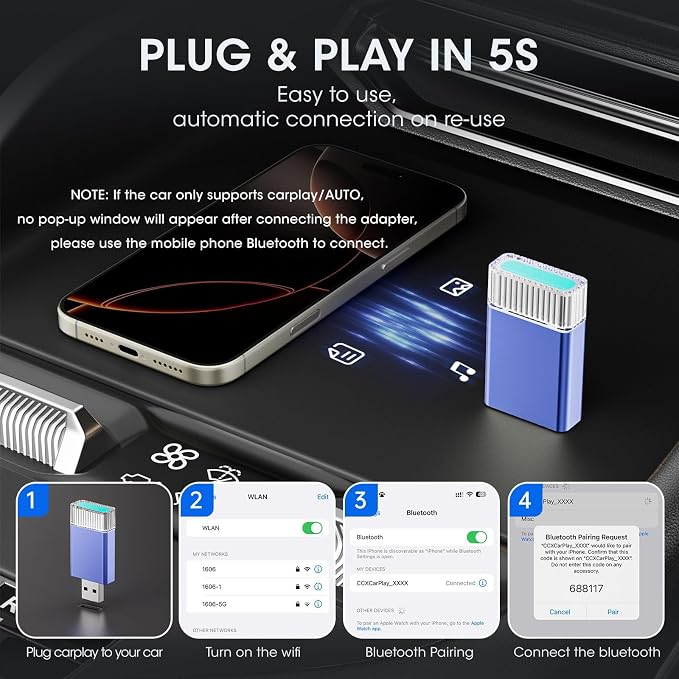 2in1 Mini Wireless Carplay Adapter for Apple iPhone & Android Auto,Plug in Auto Play Wired to Wireless Small Dongle Car Adapter for Cars 2016+ Toyota/Honda/Cadillac/Ford/Chevrolet/Jeep