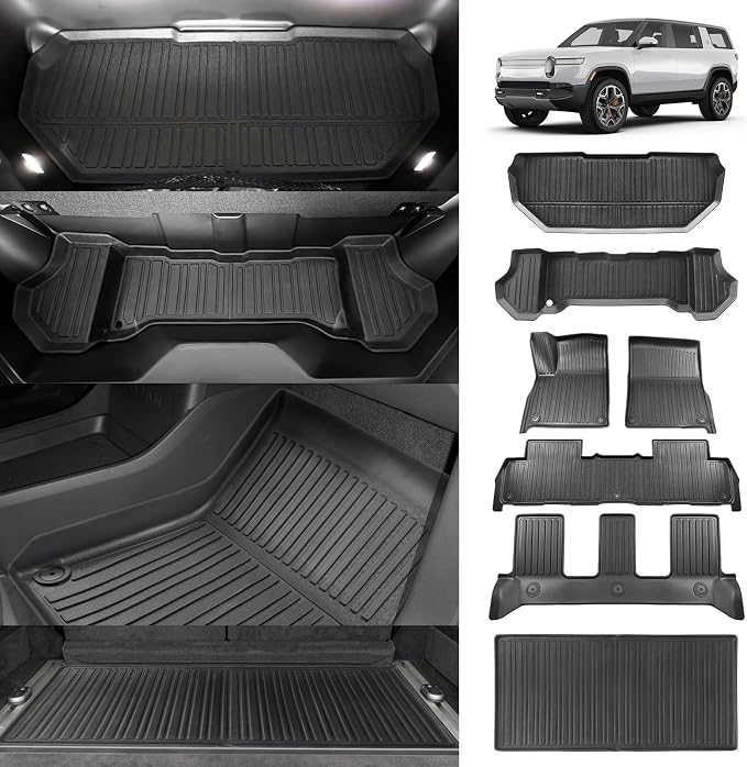 BestEvMod Compatible with Rivian R1S All Weather Cargo Liners Frunk Mat&Floor Liners&Trunk Mat Set Anti-Slip 3D Pattern TPE Waterproof Non-Slip 2022-2024 Accessories (R1S-Frunk+Floor+Trunk)