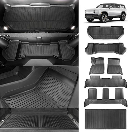 BestEvMod Compatible with Rivian R1S All Weather Cargo Liners Frunk Mat&Floor Liners&Trunk Mat Set Anti-Slip 3D Pattern TPE Waterproof Non-Slip 2022-2024 Accessories (R1S-Frunk+Floor+Trunk)