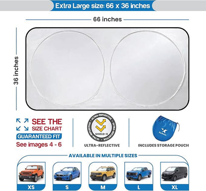 EzyShade Windshield Sun Shade with Shield-X Reflective Technology. See Vehicle Size-Chart. Foldable 1-Piece Car Sunshade for Front Windshield Window SUV Van Truck. Sun Visor Heat Shield. X-Large Size