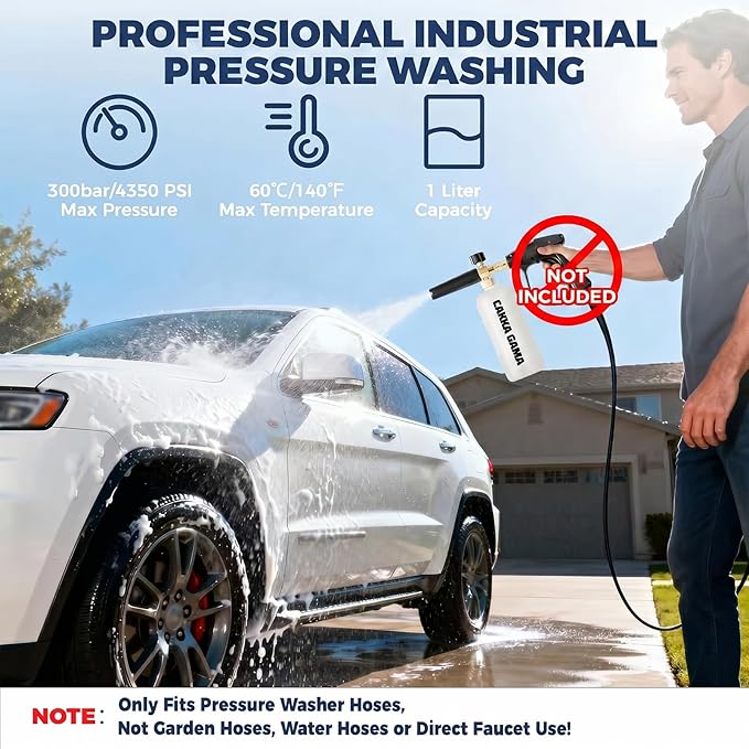 Foam Cannon for Pressure Washer, Industrial Car Wash Foam Sprayer with 1/4 Inch Quick Connector, Adjustable Soap Cannon with 5 Pressure Washer Nozzle Tips for Car Detailing, 1 Liter