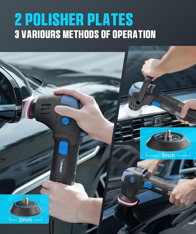 Mini Polisher, 2inch/ 3inch 750W Car Buffer with 12mm Random Orbital-Improve Work Efficiency by 35%, with 16pcs Trapezoidal Polisher Pads &16.4 ft Cord, for Car Detailing and Waxing