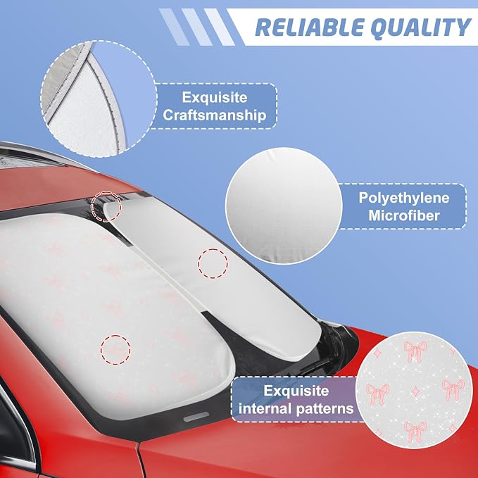 Pink Bow Car Windshield Sun Shade, Foldable UV Protection Window Sunshade with Silver Edging & Storage Pouch, Auto Interior Accessories for Sedan, SUV & Hatchback