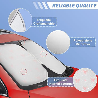 Pink Bow Car Windshield Sun Shade, Foldable UV Protection Window Sunshade with Silver Edging & Storage Pouch, Auto Interior Accessories for Sedan, SUV & Hatchback