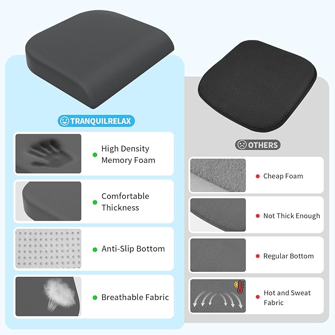 TranquilRelax 2XL Seat Cushion, Memory Foam Cushion for Long Sitting Hours on Office Chair, Car Seat, Non-Slip Chair Pad for Sciatica, Coccyx, Tailbone Pain Relief & Post-Surgery Recovery (Grey)