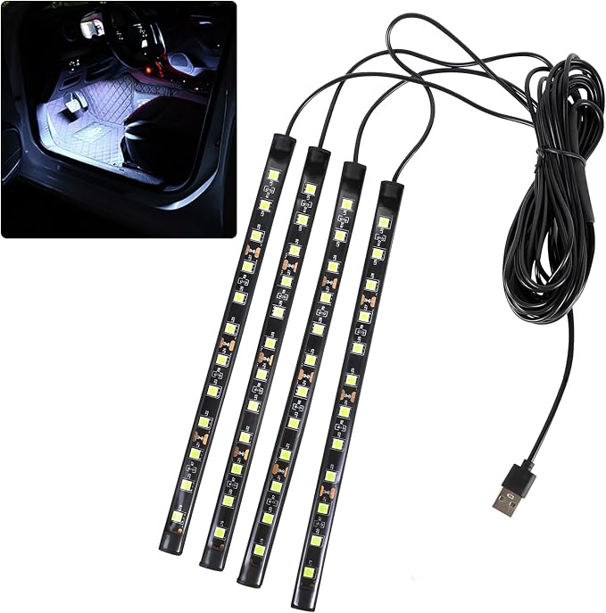 Car LED Strip Light, 12V 48 LED Interior Atmosphere Lights Under Dash Ambient Night Light, Auto Interior Decorative Lamp with Cigarette Adapter Plug, SUV Car Accessories (White,USB)