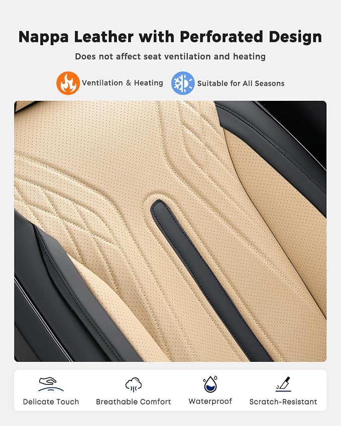 Huidasource Front Seat Covers, Universal Fit for Most Cars SUV Trucks, Full Coverage Nappa Leather Seat Cover, Airbag, Velcro Adjustable, Seat Function Retain, Black&Beige