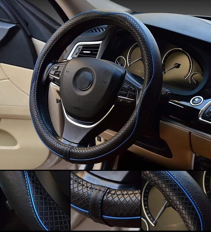 Valleycomfy Steering Wheel Covers Universal 15.75 inch - Genuine Leather, Breathable, Anti Slip & Odor Free (Black with Blue Lines, L(15" 1/2-16"))