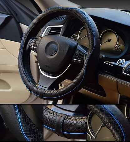Valleycomfy Steering Wheel Covers Universal 15.75 inch - Genuine Leather, Breathable, Anti Slip & Odor Free (Black with Blue Lines, L(15" 1/2-16"))