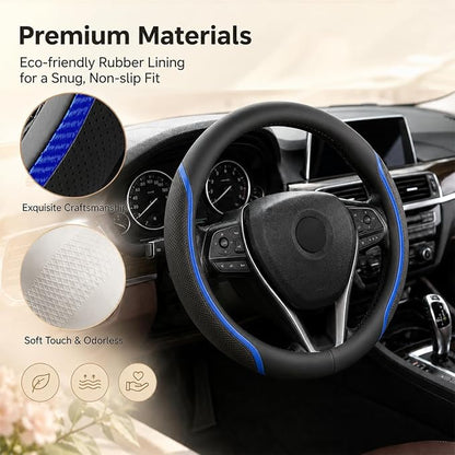 Steering Wheel Cover Blue, Carbon Fiber Car Steering Wheel Covers with Coasters Universal 14.5-15 inch Leather Microfiber Breathable Anti-Slip Steering Wheel Accessories Set