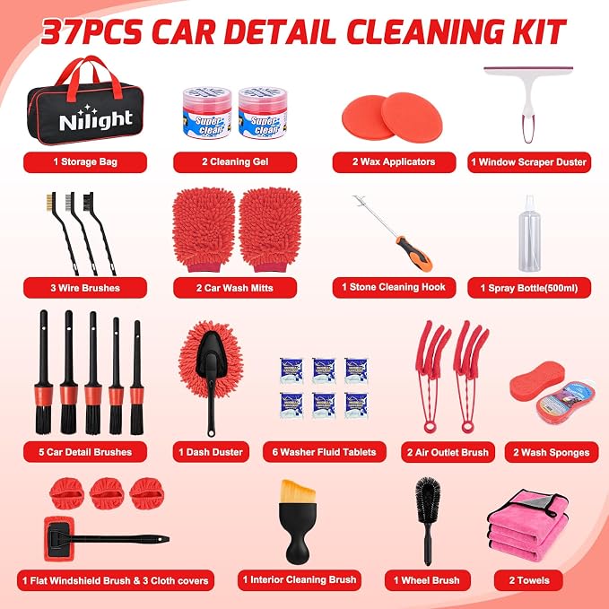Nilight 37PCS Car Detailing Kit Auto Cleaning Tools Wash Set with Storage Carry Bag Home Use for Interior Exterior Deep Clean Car Care Windshield Dashboard Seat Air Vents Wheels Tires, Red