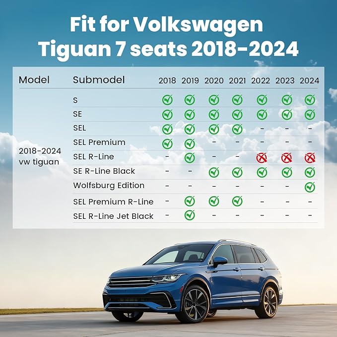 LASFIT Floor Mats for Volkswagen VW Tiguan 2018-2024(Fit 7 Seats), All-Weather Protection TPE Car Mats 3 Rows Floor Liners & Trunk Mats & Seatback Mats Full Set for VW Tiguan Accessories, Black