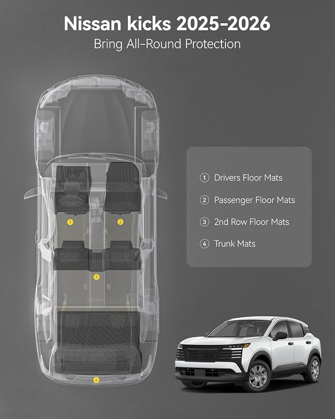 3W Floor Mats & Cargo Liner Fit for Nissan Kicks 2025 2026 (Not Fit Play Version) Accessories TPE All Weather Floor Liner, 1st & 2nd Row Car Mats Tunk Mats Full (Not for Play Version)