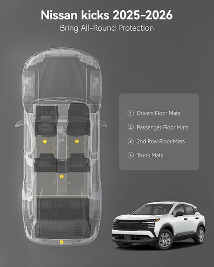 3W Floor Mats & Cargo Liner Fit for Nissan Kicks 2025 2026 (Not Fit Play Version) Accessories TPE All Weather Floor Liner, 1st & 2nd Row Car Mats Tunk Mats Full (Not for Play Version)