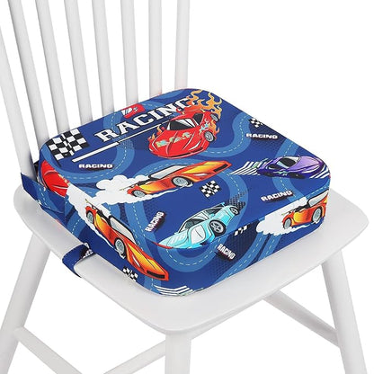 Toddler Booster Seat for Dining Table, 4" Kids Booster Seat for Kitchen Chair with Non-Slip Bottom, Portable Detachable Washable Increasing Cushion with 2 Adjustable Straps (Racing car)