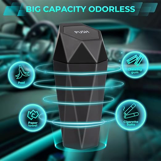 Car Trash Can with Lid, 2 Packs Diamond Design Mini Cup Holder Trash Can for Car, Office, Home Use, Black