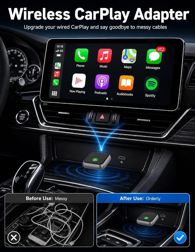 2026 Upgraded USB Wireless CarPlay Adapter for iPhone, Bluetooth 5.8 and Wi-Fi 6, Automatic & Zero-Delay Connection, Android auto Carplay Wireless Adapter for Android and iOS Systems. (Light Gray)