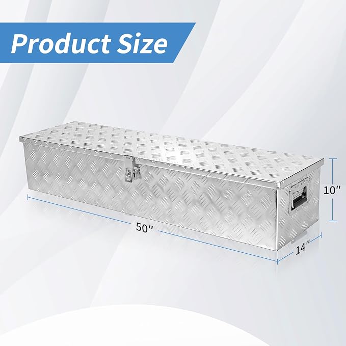 50 Inch Aluminum Truck Bed Tool Box, Pick Up RV Trailer Toolbox, Storage Lockable Organizer with Side Handle and Lock Keys, Silver