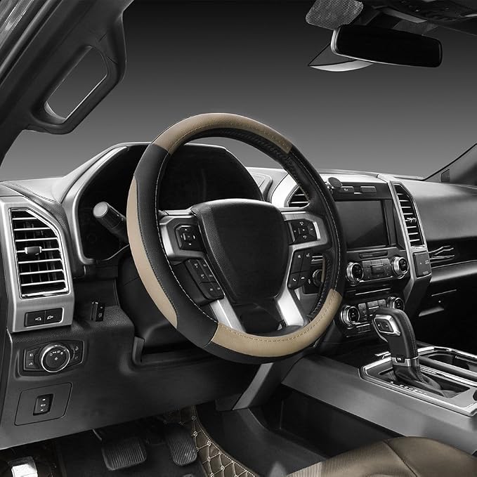 SEG Direct Car Steering Wheel Cover for F-150 Tundra Range Rover 15.5-16 inch, Black and Beige Microfiber Leather