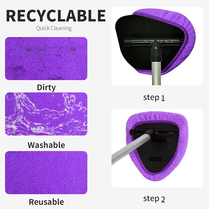 XINDELL 5 Pack Windshield Cleaner Microfiber Pads – Replacement Heads Cover for Xindell Tools Washable & Reusable Triangle Pads (Violet). Fits Window Reach Tool - Handle Not Included