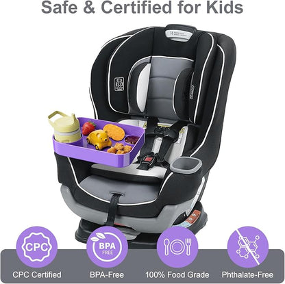 Car Seat Snack Tray for Toddlers - 3 Inch Cup Holder Fits Most Sippy Cups & Straw Bottles with Dip Well, Mess-Free Square Kids Travel Tray Road Trip Essentials, Purple