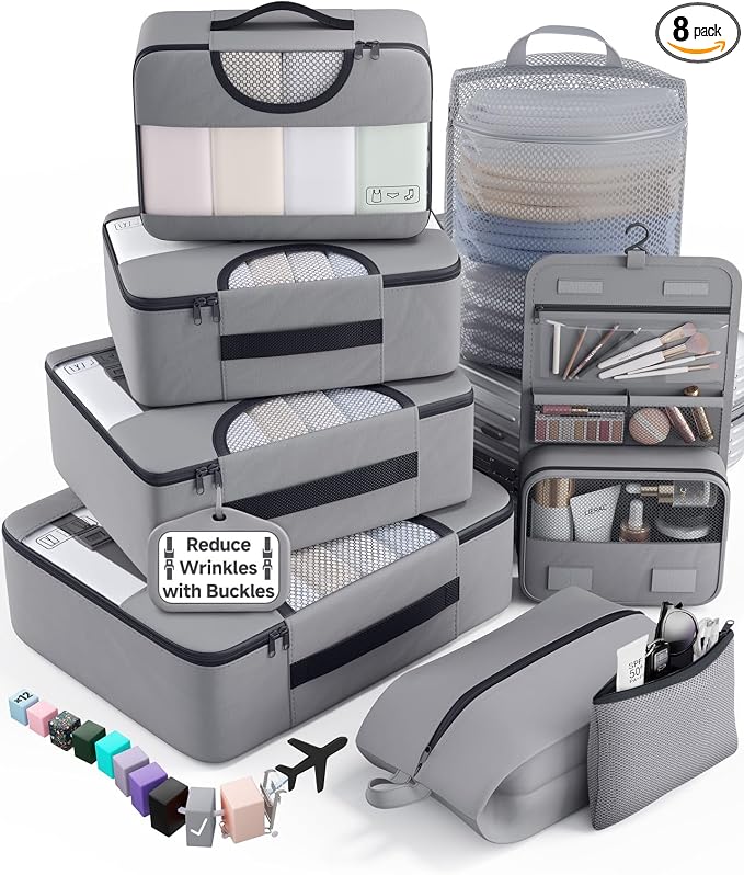Veken 8 Set Packing Cubes for Travel Essentials, Suitcase Organizer Bags in 4 Sizes, Carry-On Luggage Accessories with Large Laundry & Hanging Toiletry Bag, Must-Have for Airplane, Road Trip & Camping