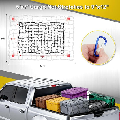 5’x7’ Truck Cargo Net Expands to 9' x 12' with 4"x4" Mesh Grid Super Duty Bungee Heavy Duty Bed Netting for Truck Bed Stretches with 12 Adjustable Metal Carabiners by Cenipar