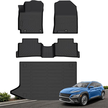 Floor Mats & Cargo Liner for 2018-2023 Hyundai Kona (No for EV) & Kona N 2022 2023 All Weather Custom Fit Car Mats Accessories, High Edges Anti-Slip TPE Liners for Kona | Front & 2nd Row & Trunk Mat