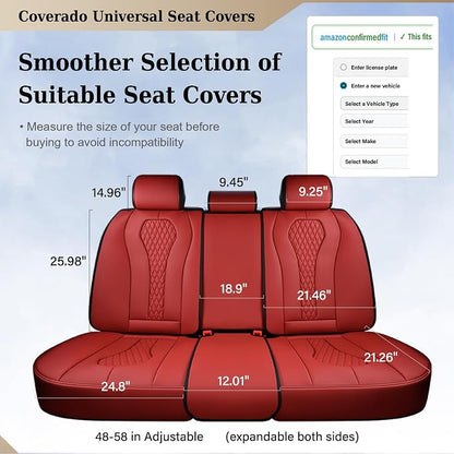 Coverado Car Seat Covers, Rear Car Seat Cover, 3-Pieces Leather Seat Cover, Red Car Seat Cushion, Luxury Seat Cover Seat Protector Universal Fit Most Cars