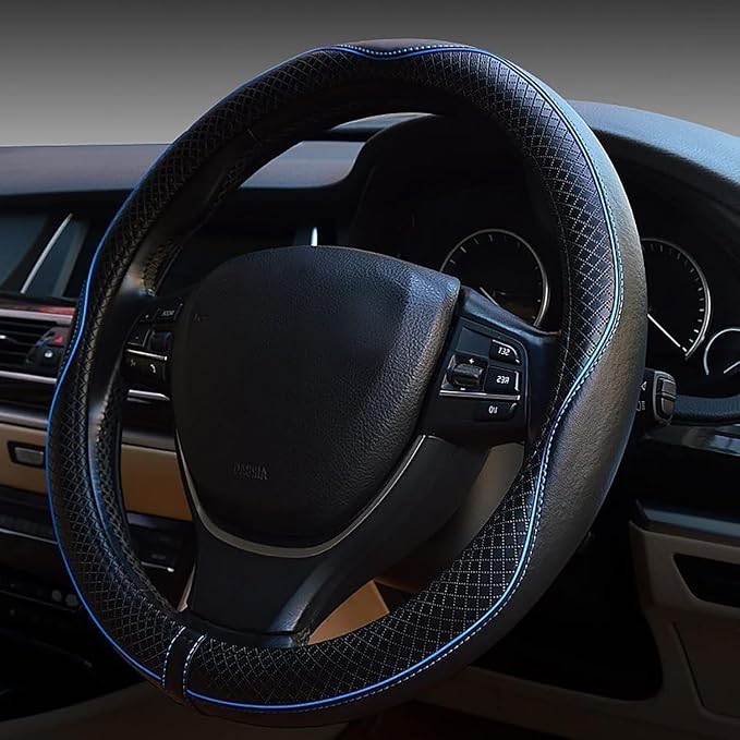 ESEWALAS Universal Car Steering Wheel Cover,Anti-Slip Leather Steering Wheel Cover,Sports Style Steering Wheel Protector,Car Interior Accessories Auto Steering Wheel Covers (Black with Blue)