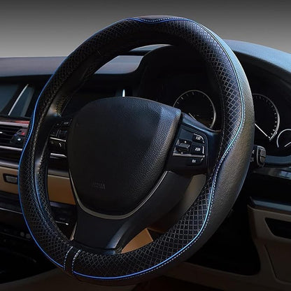 ESEWALAS Universal Car Steering Wheel Cover,Anti-Slip Leather Steering Wheel Cover,Sports Style Steering Wheel Protector,Car Interior Accessories Auto Steering Wheel Covers (Black with Blue)