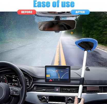 Windshield Cleaning Tool, Car Window Cleaner with Extendable Long Handle and 4 Washable Reusable Microfiber Pads, Auto Interior Exterior Glass Wiper Cleaning Kit Universal for Office and Home (Blue)