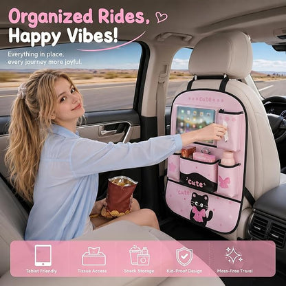 YUNZLAN Pink Black Backseat Car Organizer, Leather Kick Mats Back Seat Protector Organizer with Touch Screen Tablet Holder for Kids Travel Accessories